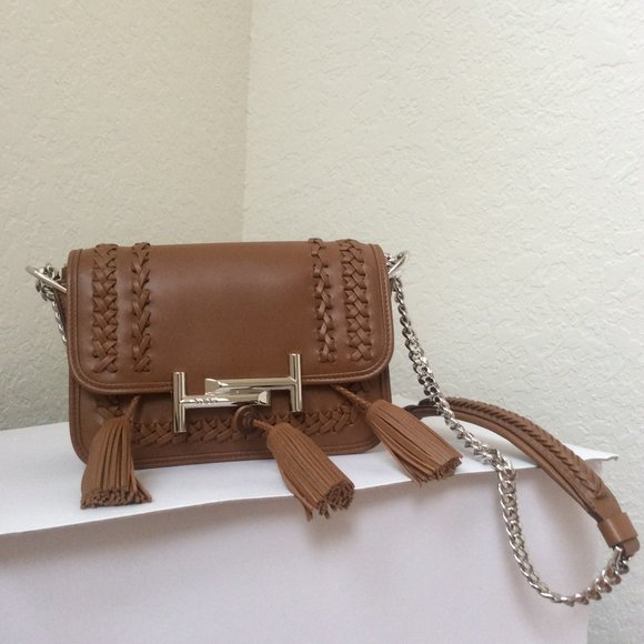 New Authentic Tod's Double T Tassel  Leather Chain Cognac Crossbody Bag - Picture 1 of 7